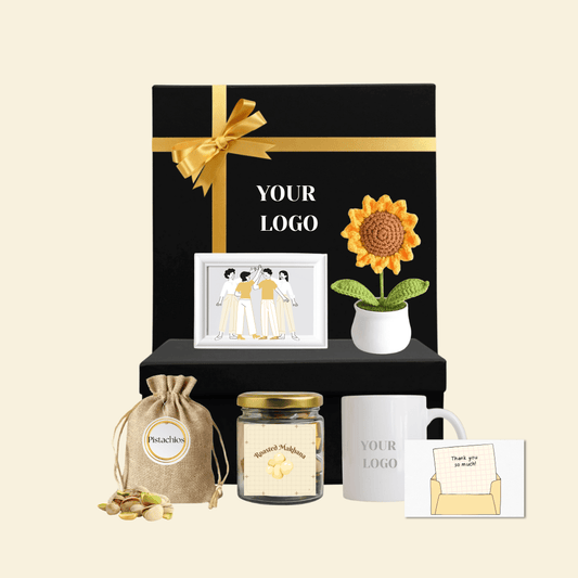 Corporate gift hamper with pistachios, makhana, sunflower décor, mug, frame, and thank-you card