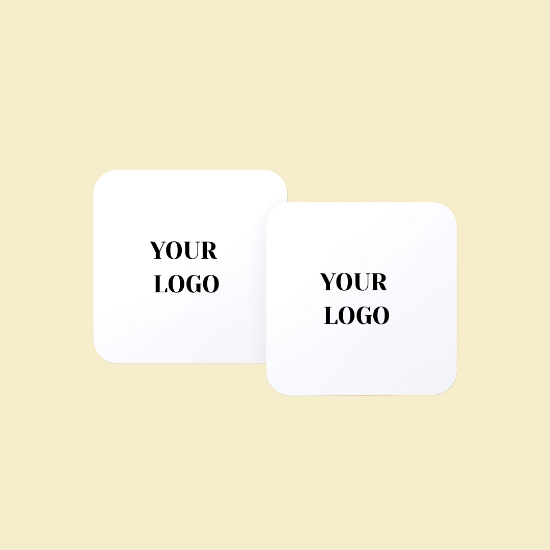 Set of two white customizable square coasters with logo placeholder