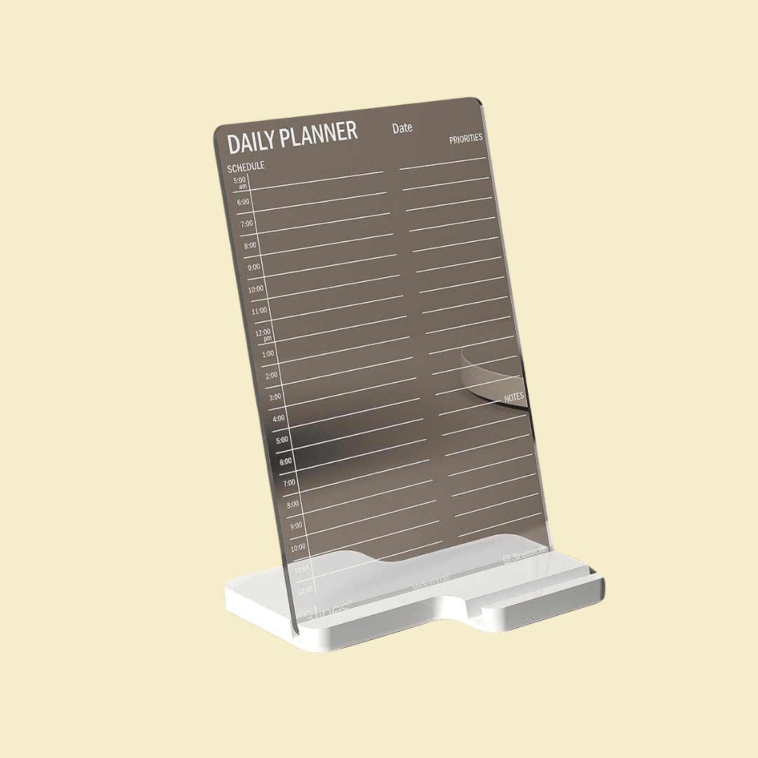 Clear acrylic tabletop daily planner with customizable sections