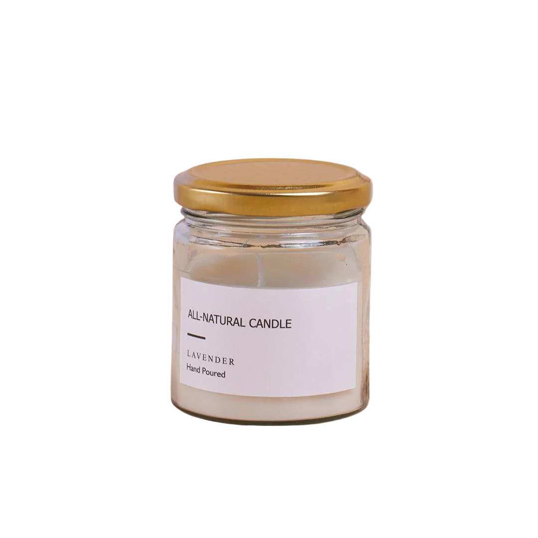 All-natural lavender candle in a glass jar with a wooden lid on a beige background