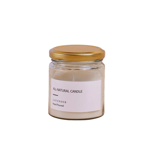 All-natural lavender candle in a glass jar with a wooden lid on a beige background