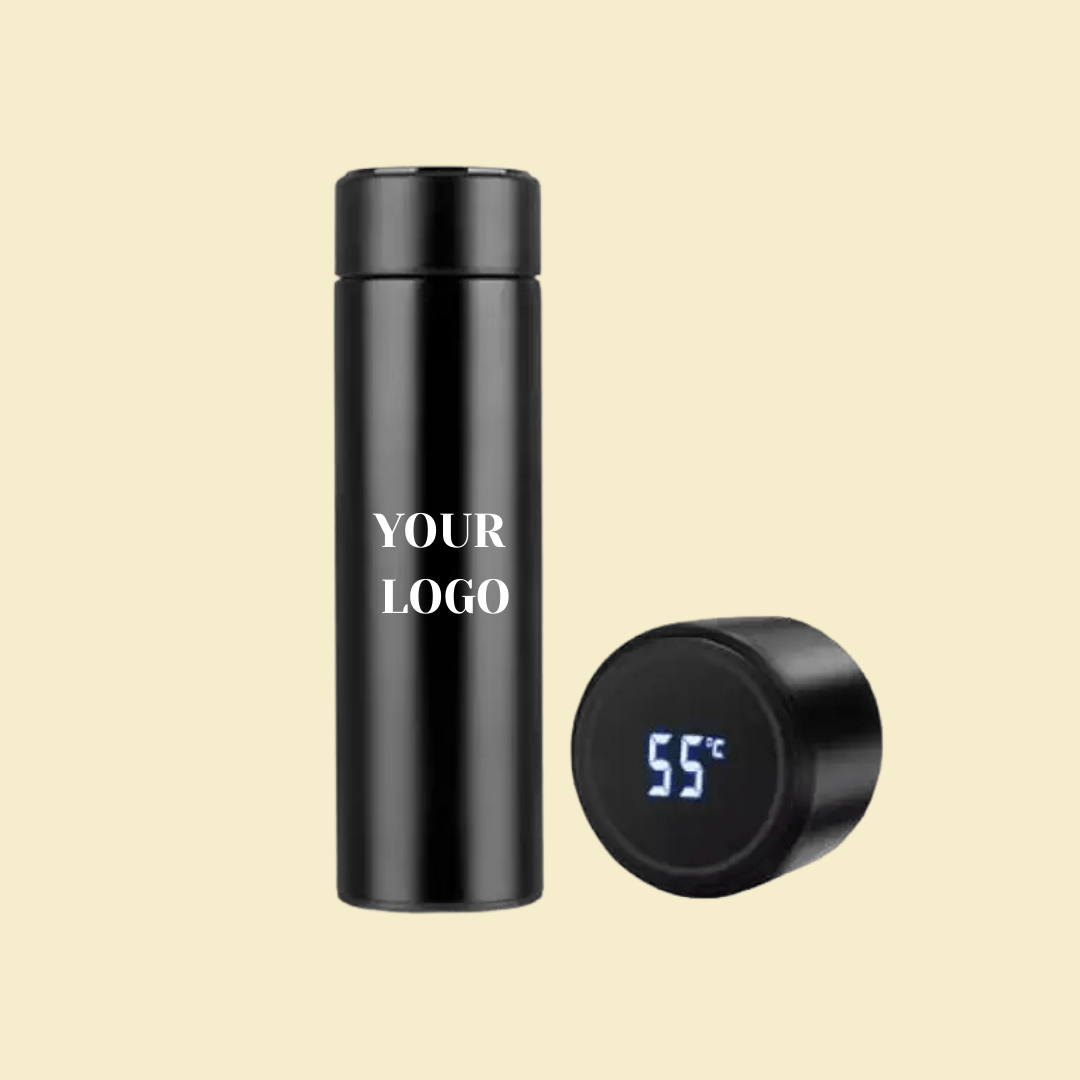 Black smart thermos bottle with LED temperature display and customizable logo
