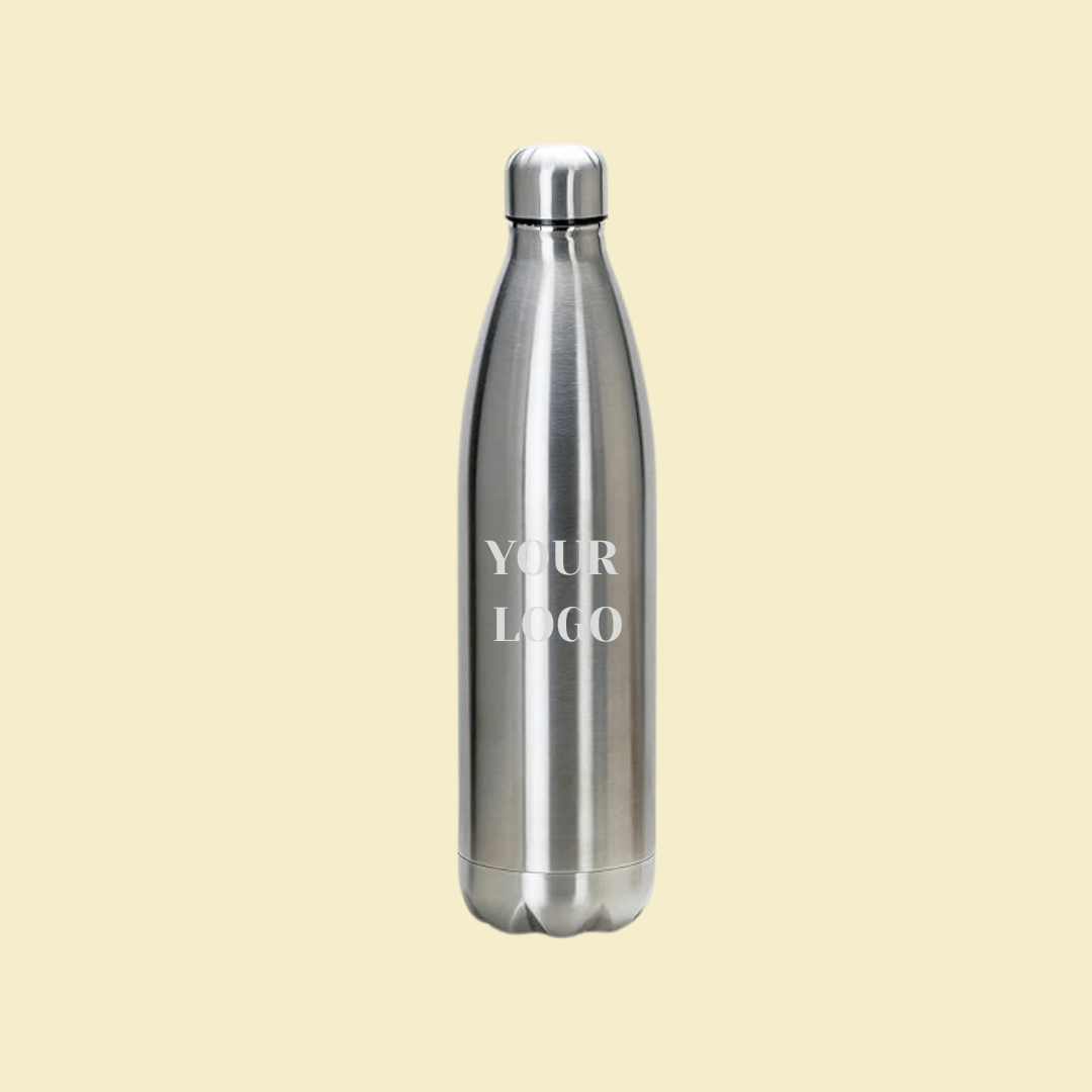 Silver stainless steel water bottle with customizable logo space