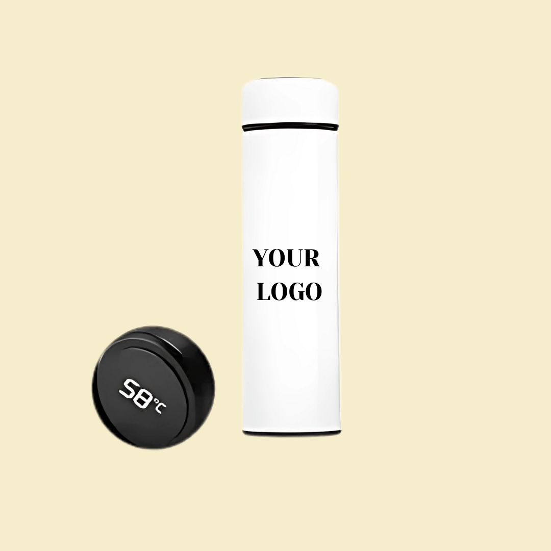 Black smart thermos bottle with LED temperature display and customizable logo