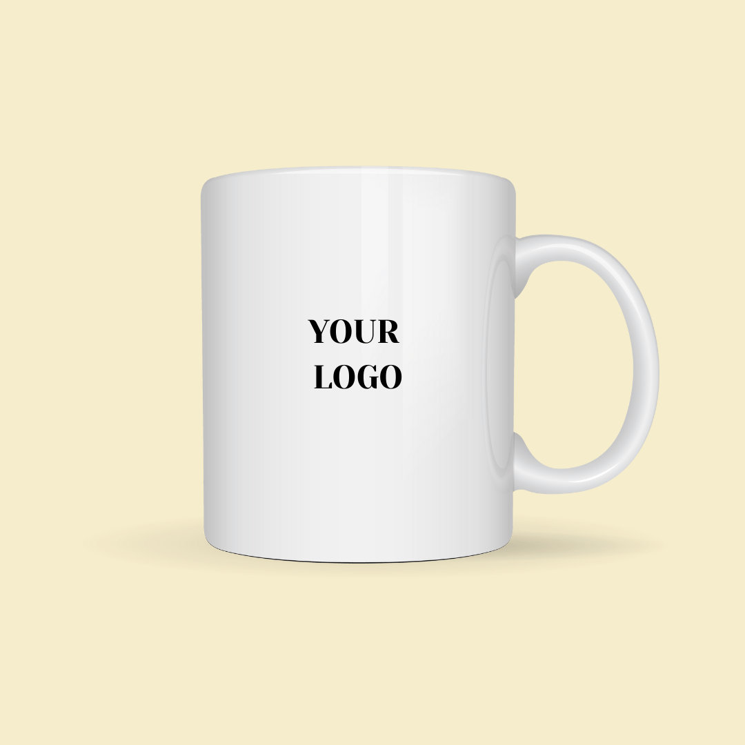 White ceramic coffee mug with customizable logo space