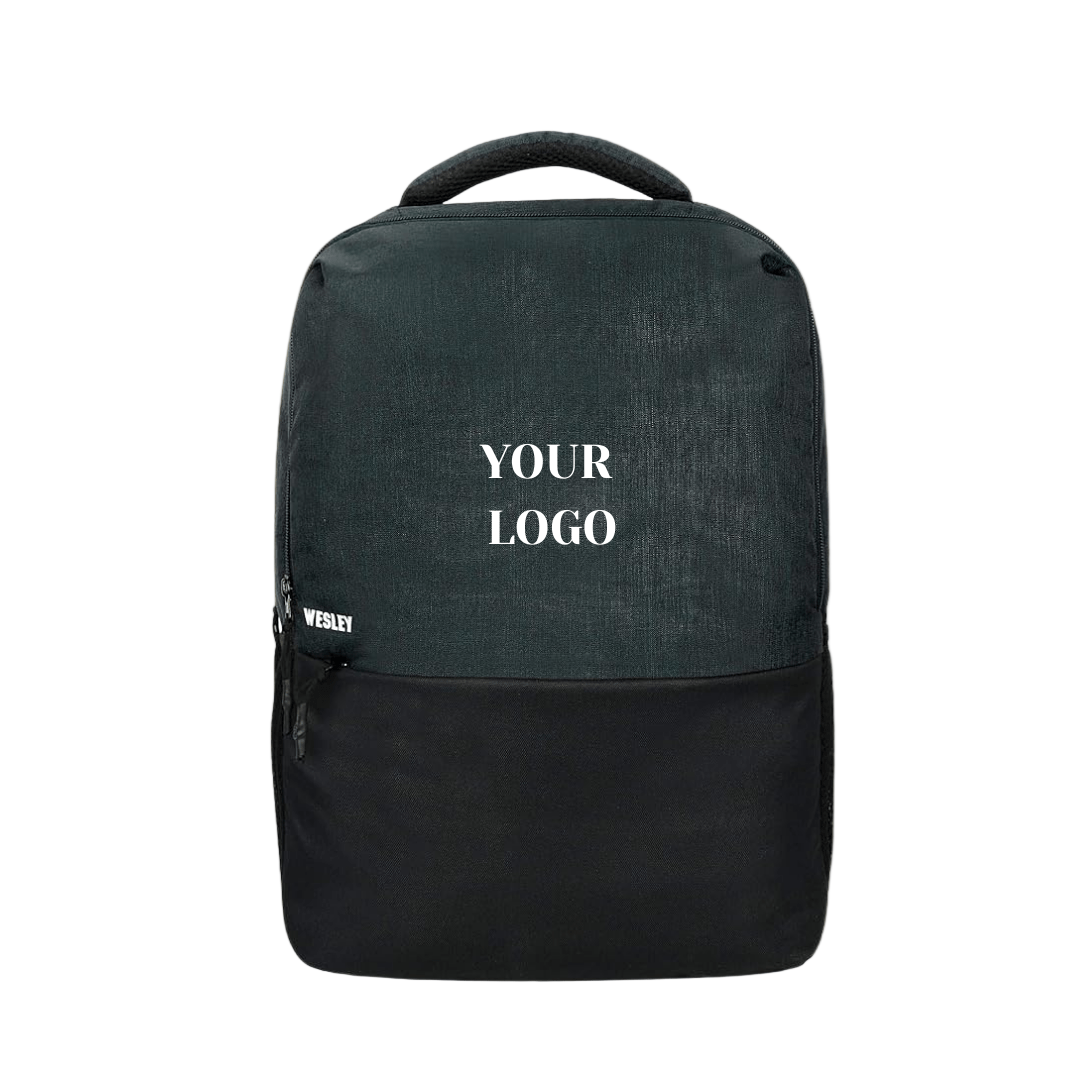 Black and dark grey backpack with customizable logo area on front