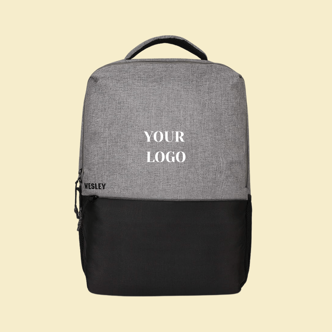 Black and dark grey backpack with customizable logo area on front