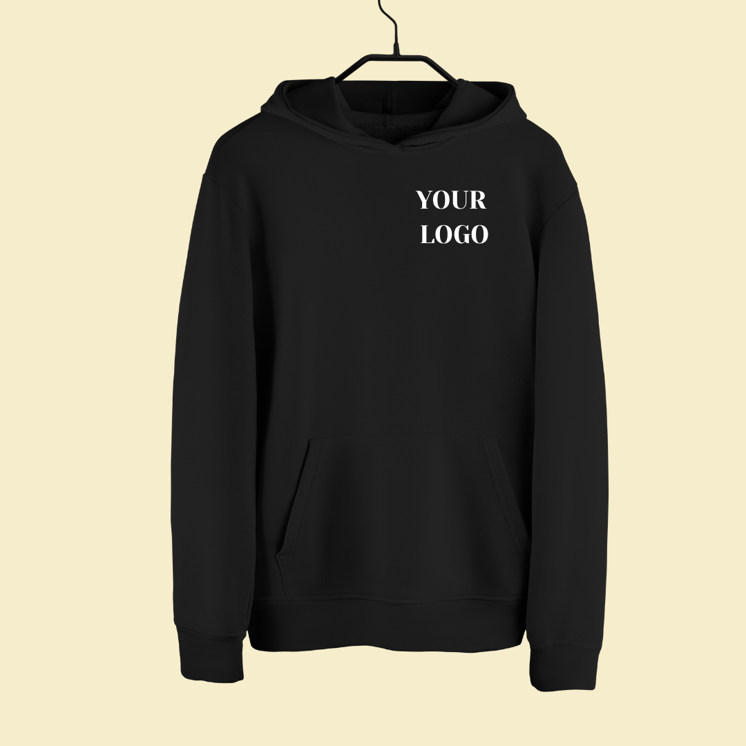 Black hoodie with customizable logo on the left chest, displayed on hanger