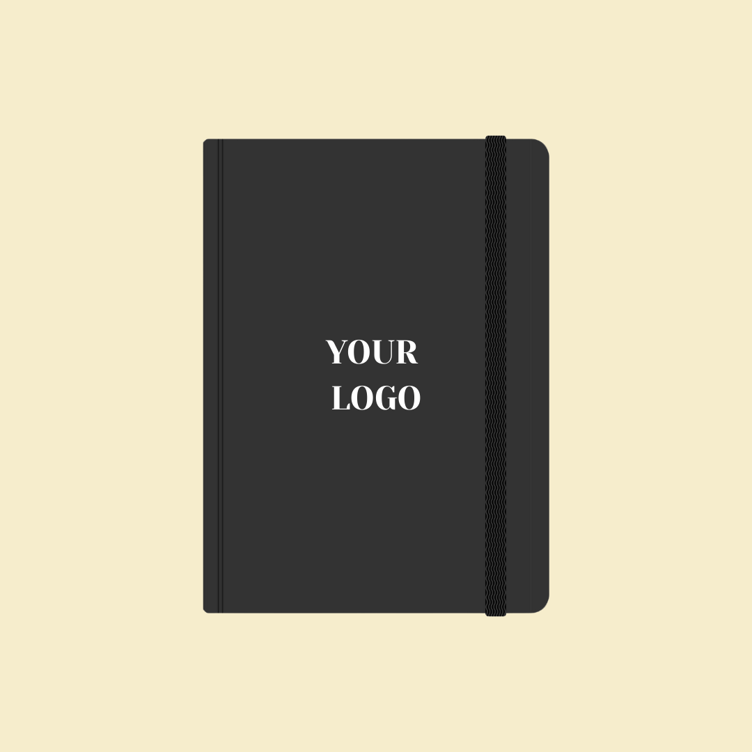 Black hardcover notebook with elastic band and customizable logo area