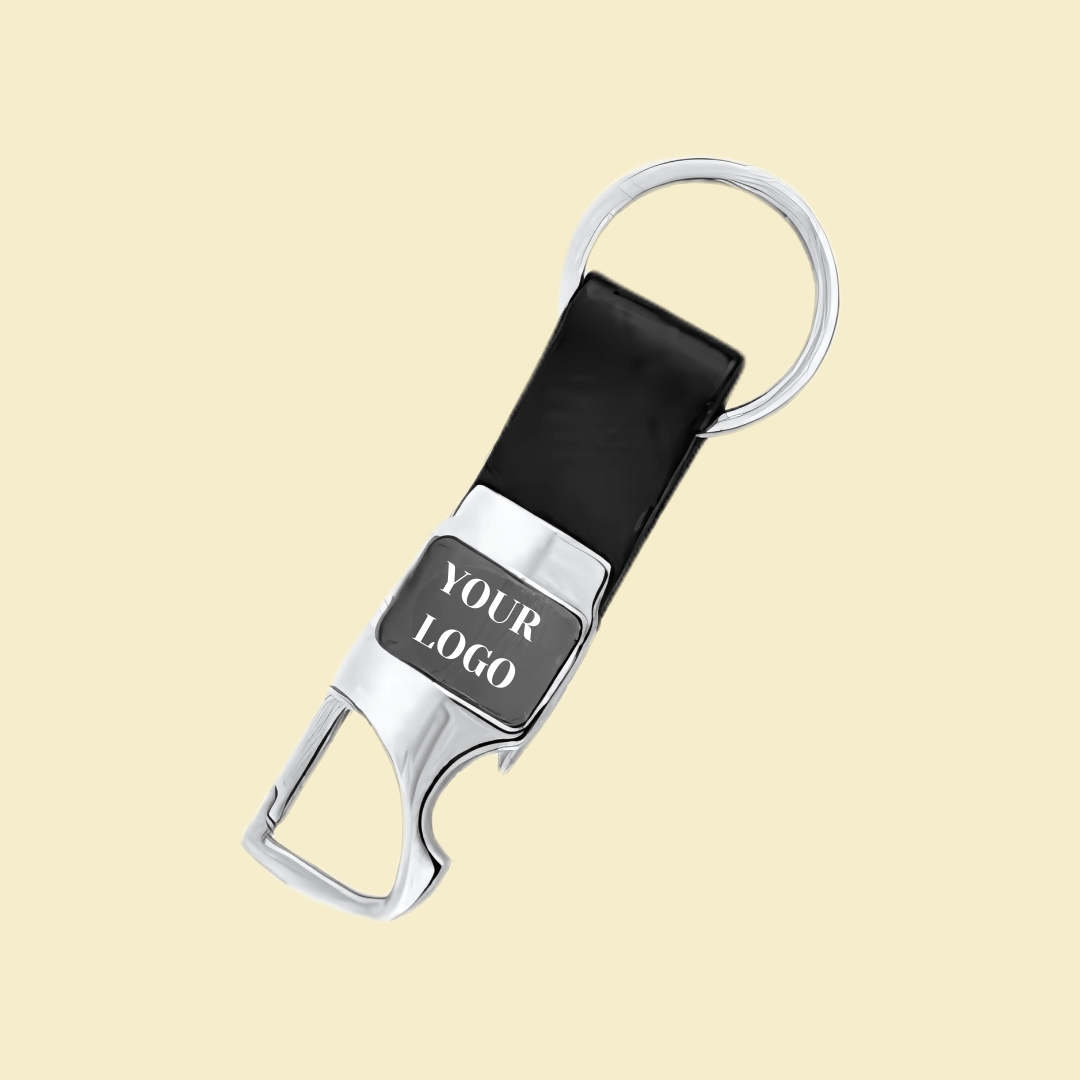 Metal and leather keychain with custom logo and integrated bottle opener