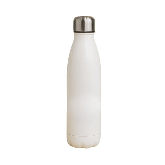 White insulated bottle with silver cap on a beige background