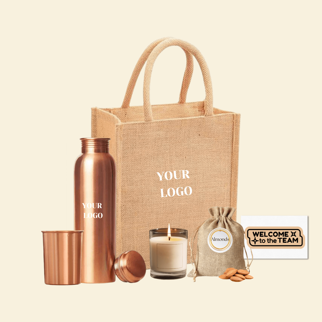 Eco-friendly wellness hamper with copper bottle, candle, almonds, and jute bag