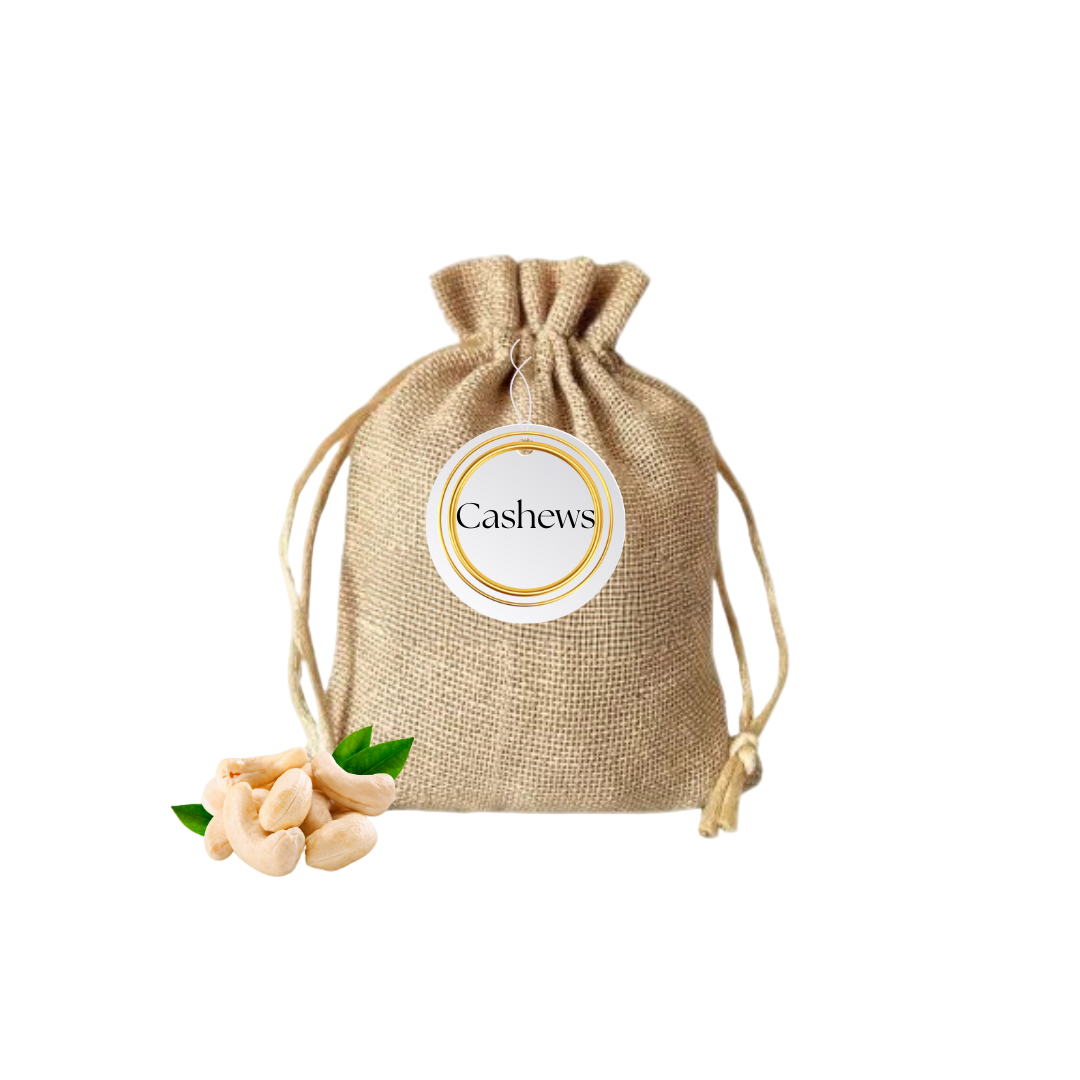 Burlap drawstring bag with 'Cashews' label on a beige background