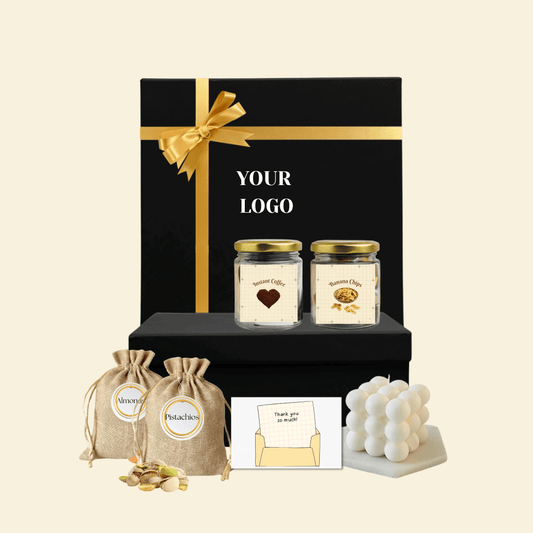 Corporate gift hamper with snacks, coffee jar, and bubble candle
