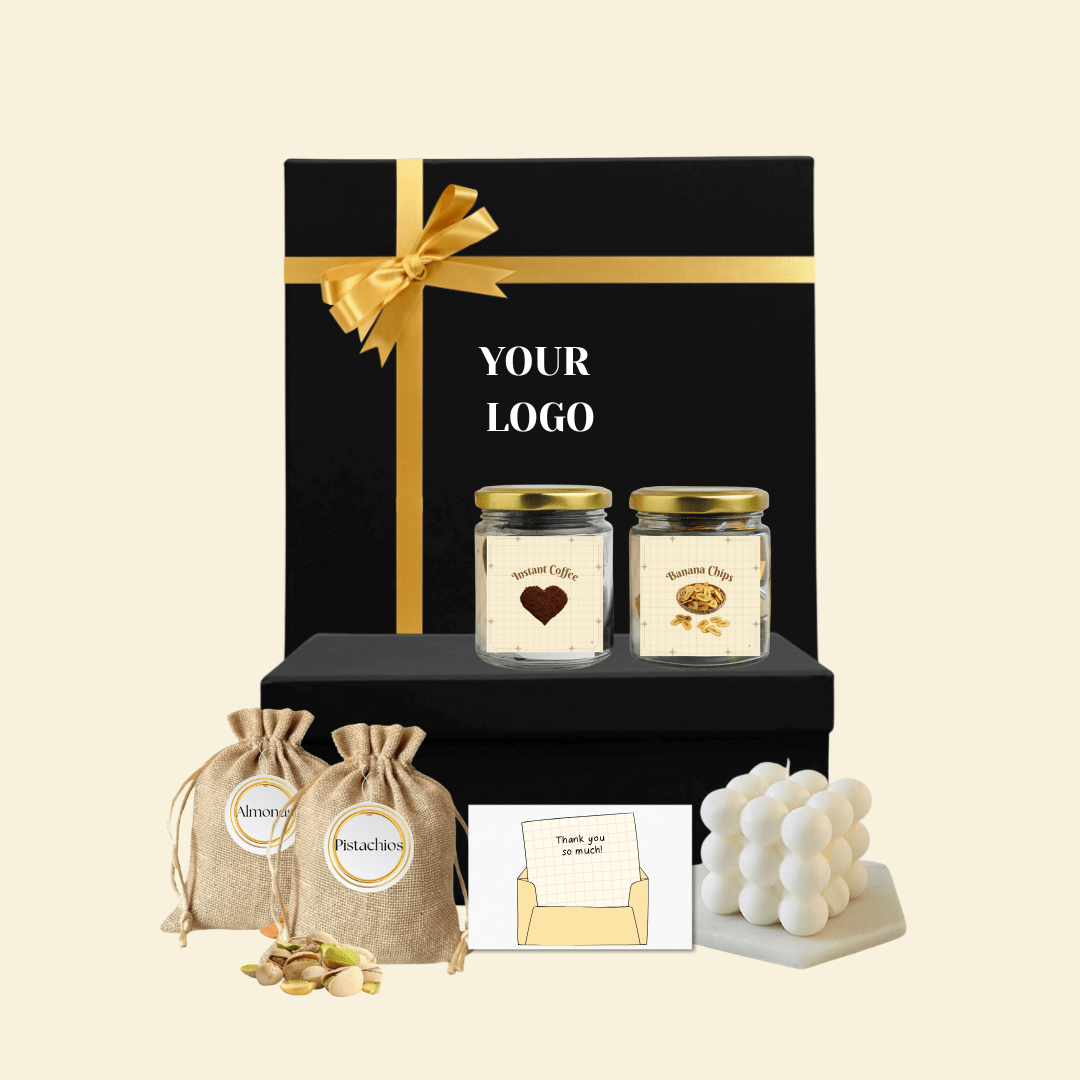 Corporate gift hamper with snacks, coffee jar, and bubble candle