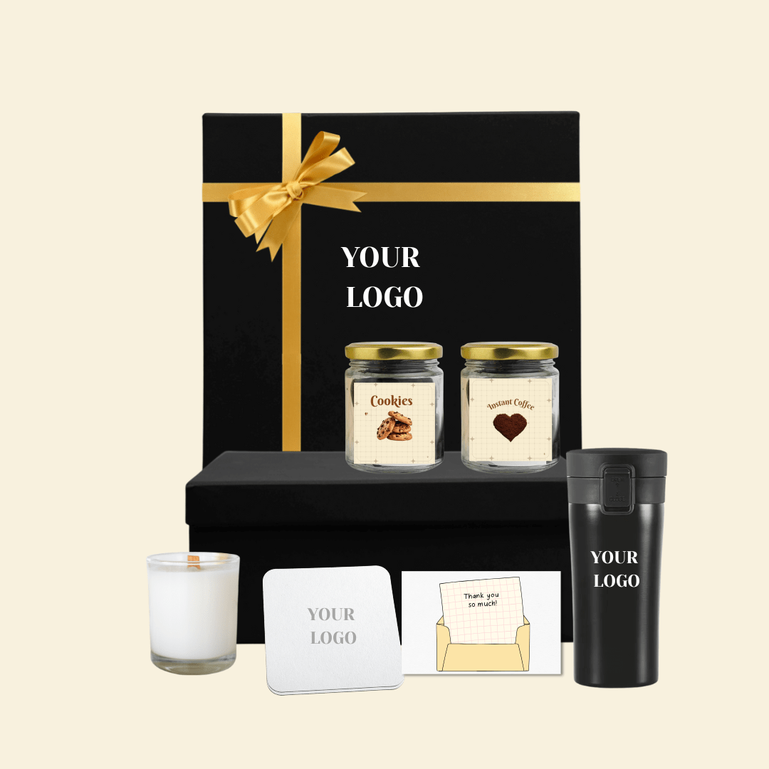 Corporate gift box with custom logo, cookies, coffee jar, tumbler, candle, and thank you note