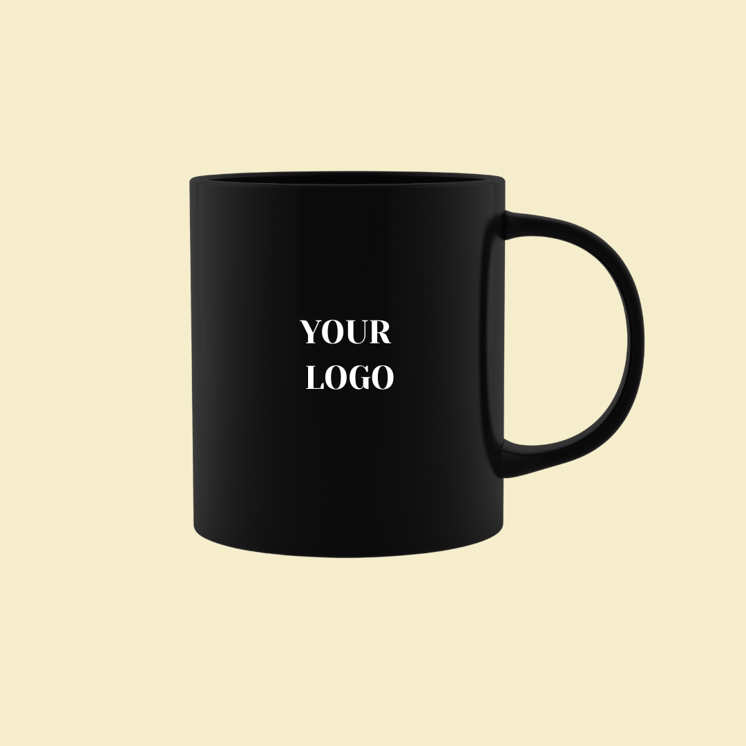 Black ceramic coffee mug with customizable logo space