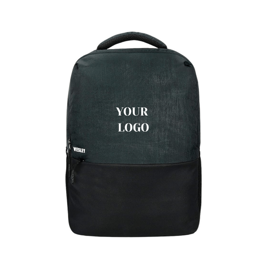 Black and dark grey backpack with customizable logo area on front