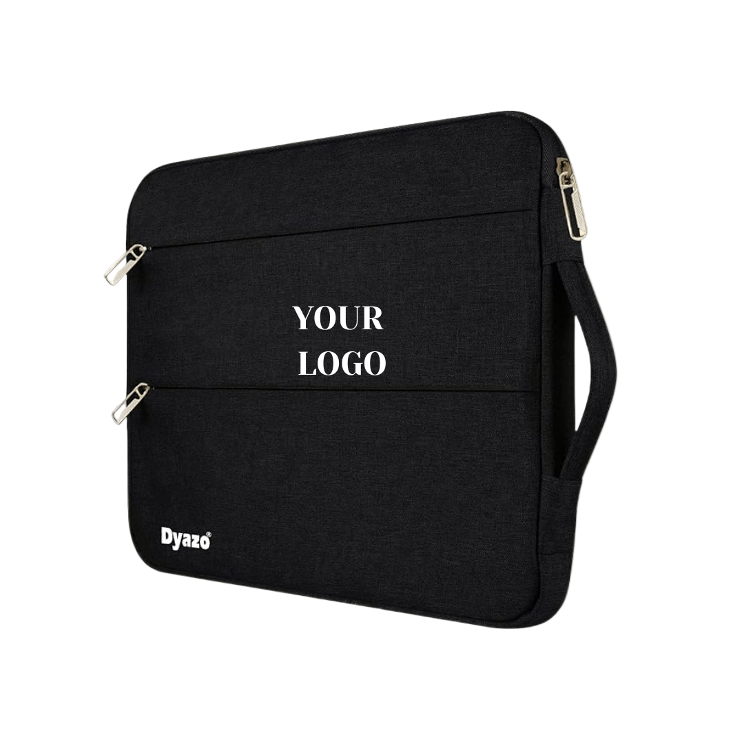Black laptop sleeve with dual zippers and customizable logo space