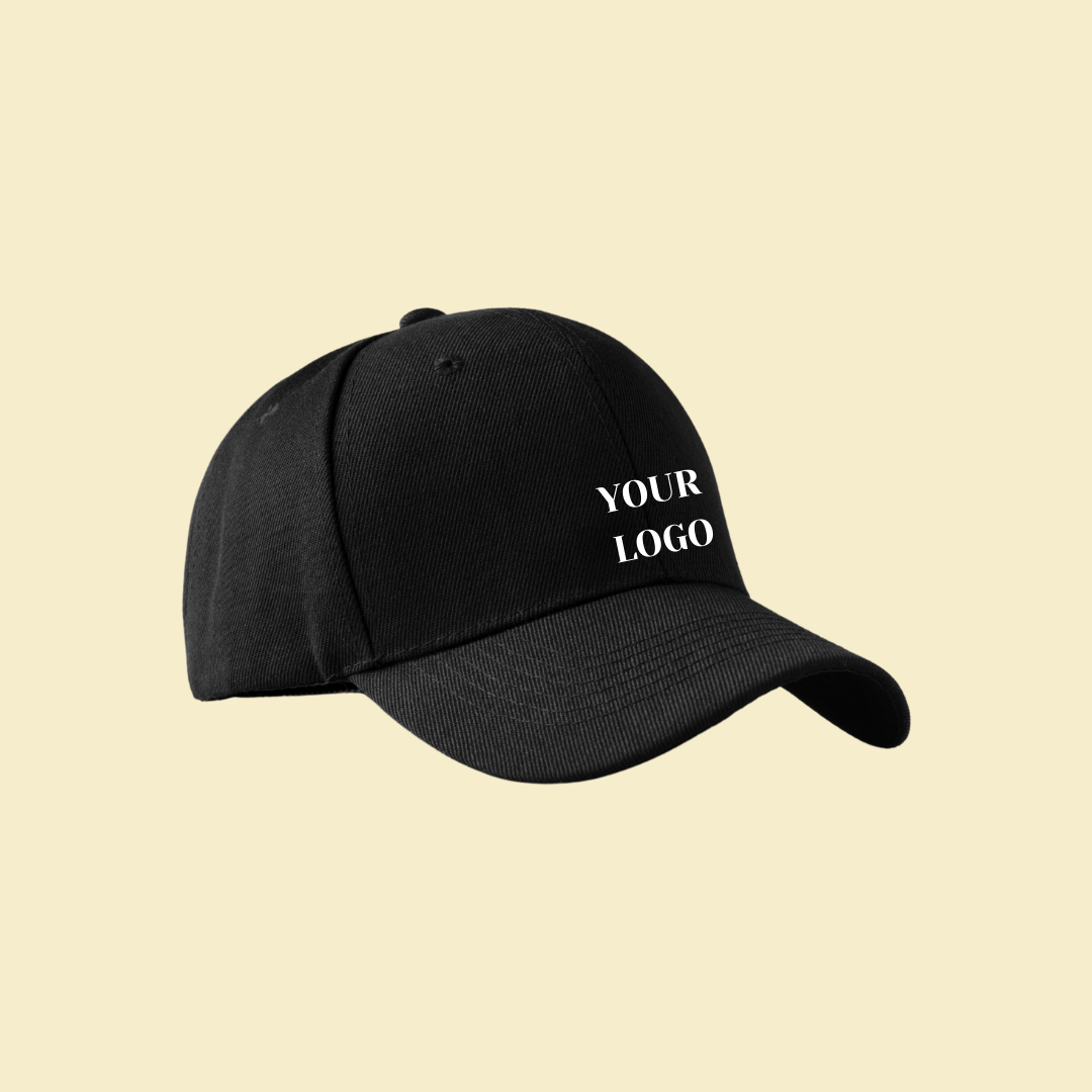 Black baseball cap with customizable front logo text in white