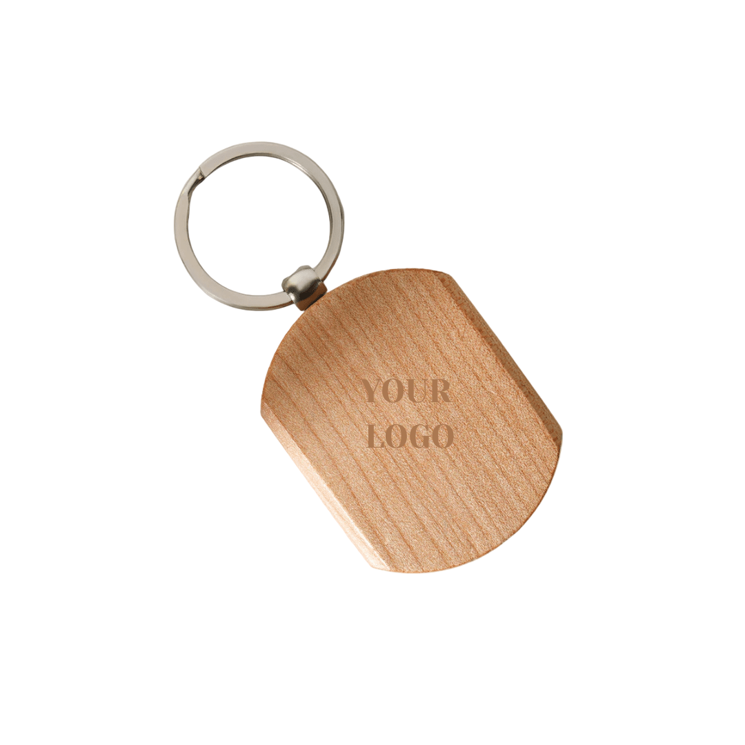 Wooden keychain with metal ring and customizable logo engraving