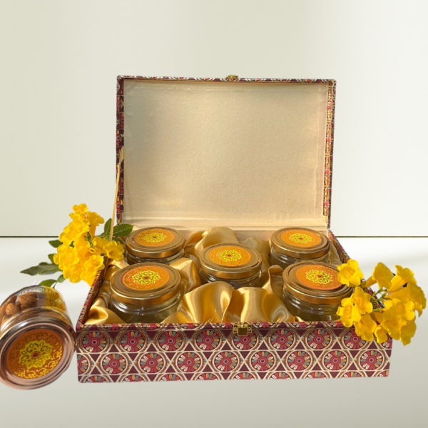 5 Jar MDF Dry Fruits Gift Box - Rectangle shape, Multicolor, Glass jars, Ideal for gifting chocolates, cookies, and dry fruits.